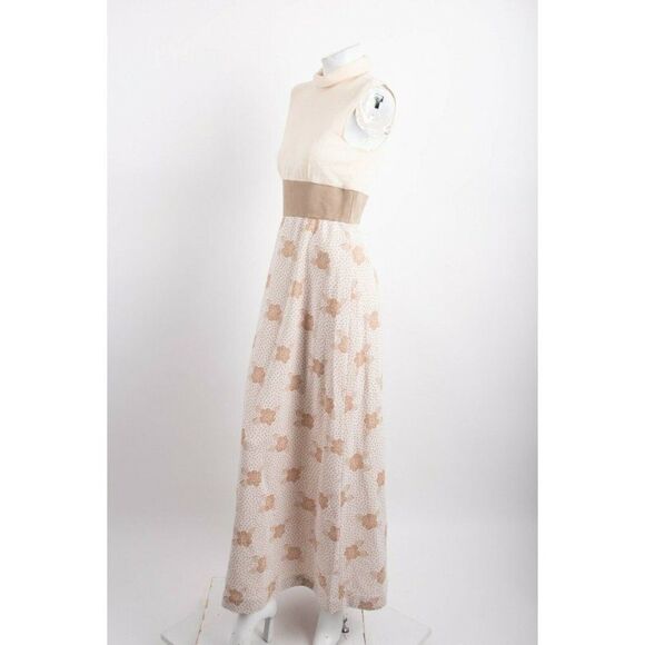 Vintage 70s Womans Maxi Dress Size 16 M Beige Tan Floral Turtleneck Sleeveless - Picture 3 of 9